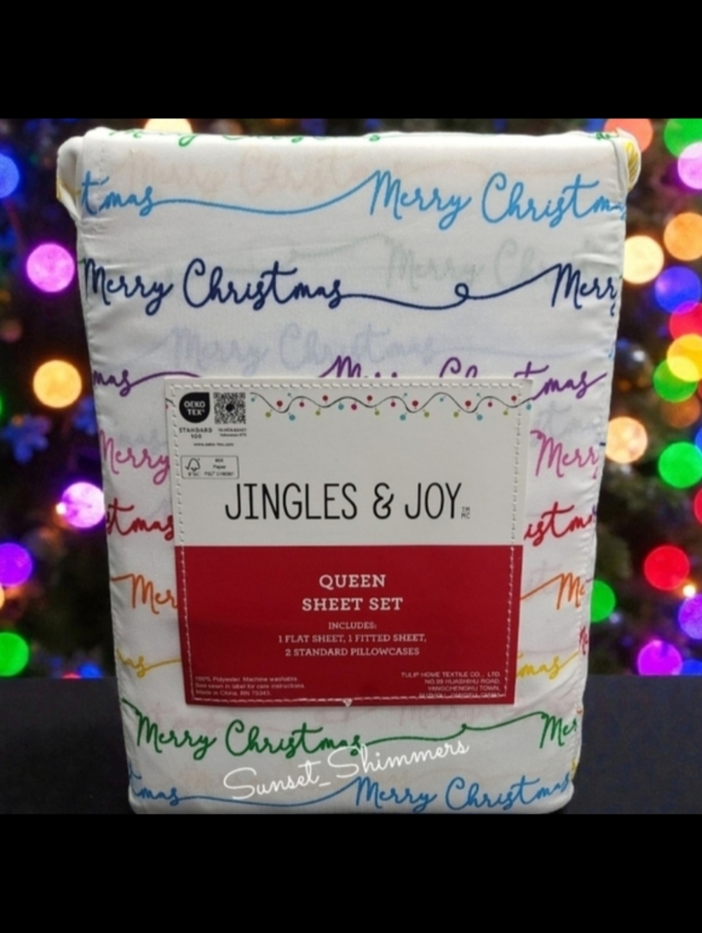 Jingles & Joy Rainbow Merry Christmas QUEEN Bed Sheet Set Decor NEW